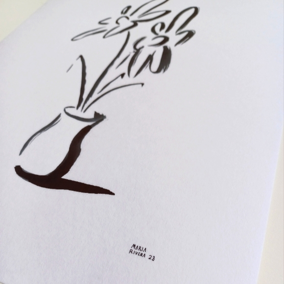 ORIGINAL ART 2 Flowers in Pot by Maria Rivera. 9x12" Black Ink Wall Art Painting - Picture 8 of 8